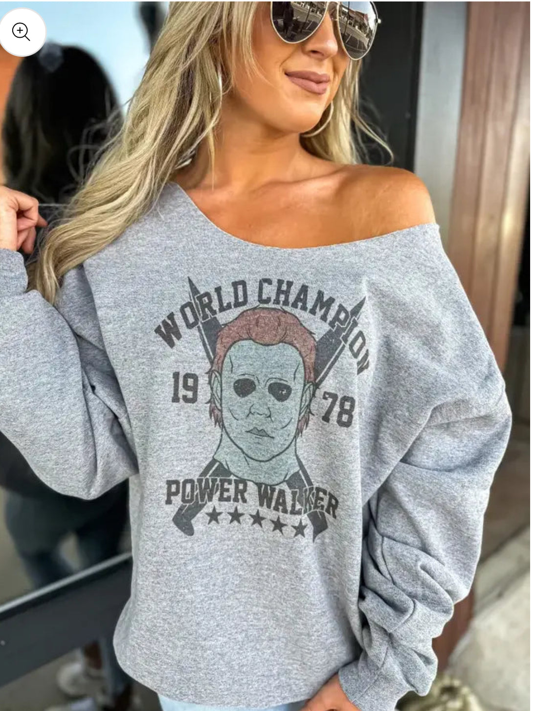 Power Walker off shoulder graphic crewneck
