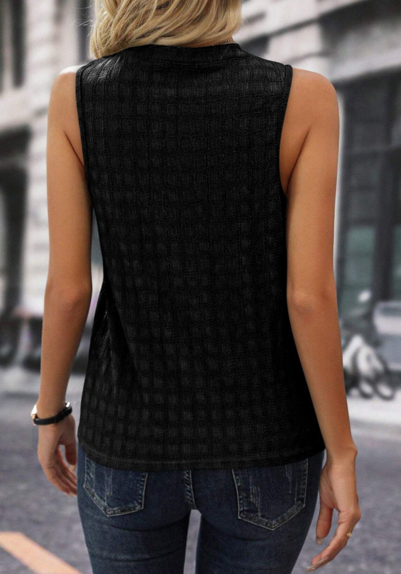 Black Lattice texture split neck tank