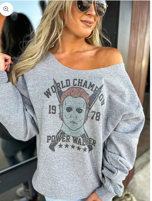 Power Walker off shoulder graphic crewneck