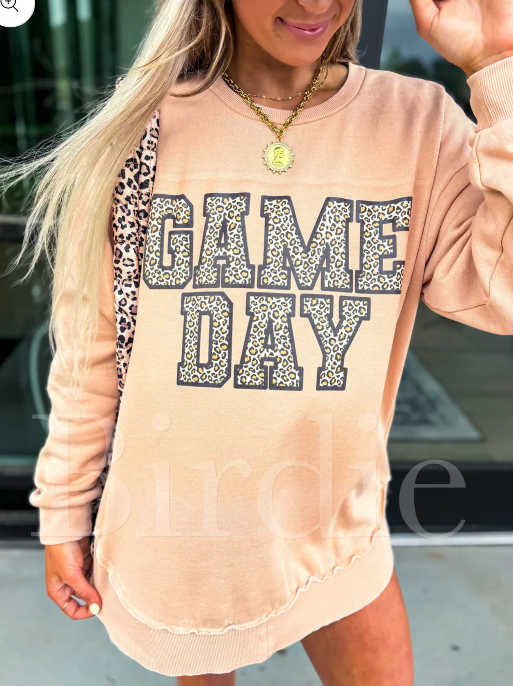 BIRDIE Leopard Gameday Toasted Almond Rounded Hem Crewneck Pullover